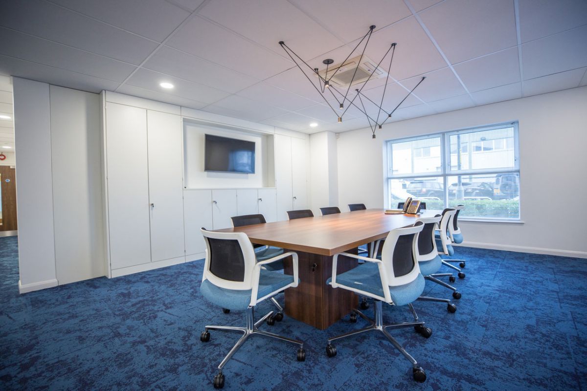 Blue and white meeting room