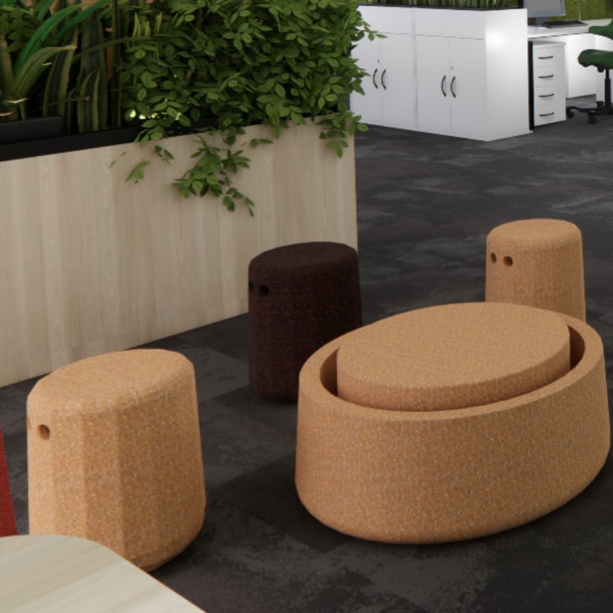 Close-up of cork coffee table and stools